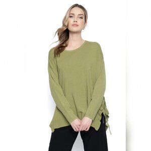Piccadilly Side Tie Rib Knit 3/4 Sleeve Sweater Top Fern Green Women's Size S